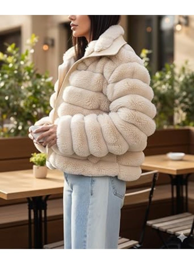 Women's High-Waisted Faux Fur Jacket with Satin Lining, Balloon Beige, Short, One Size - Fits up to 80 kg - Image 4